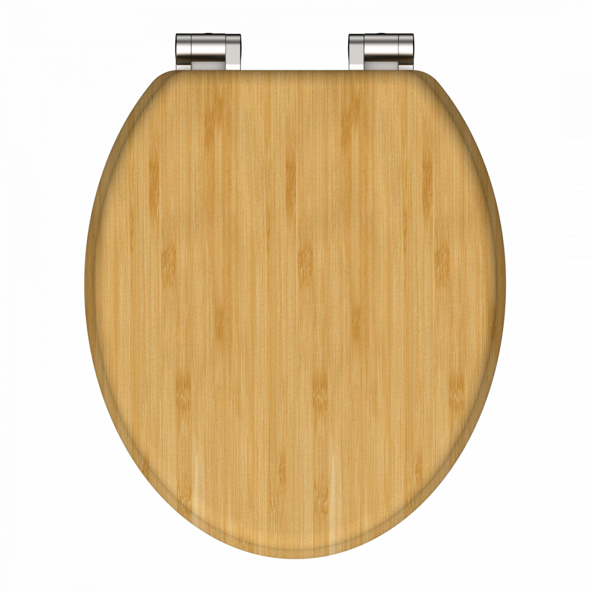 Runder Toilettendeckel aus hellem Holz mit silberfarbenen Metallscharnieren.