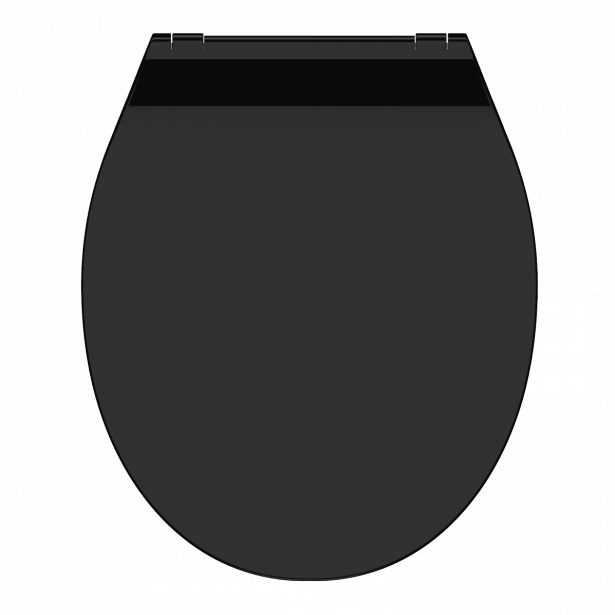 Schwarzer WC-Sitz mit abgerundeter Form und Scharnieren an der Rückseite.