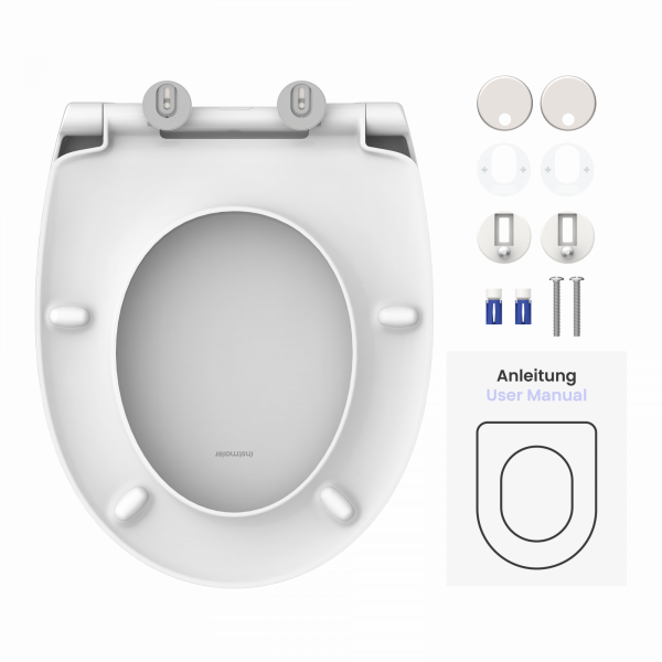 Weißer WC-Sitz mit Befestigungsteilen, Schrauben, Dübeln und Anleitung.
