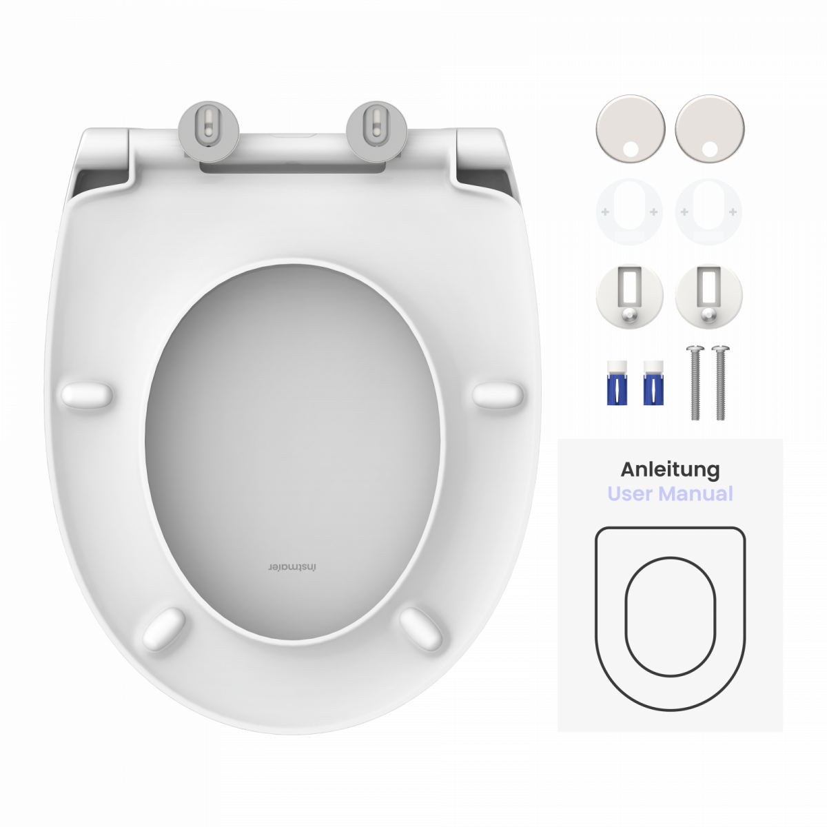 Weißer WC-Sitz mit Befestigungsteilen, Schrauben, Dübeln und Anleitung.