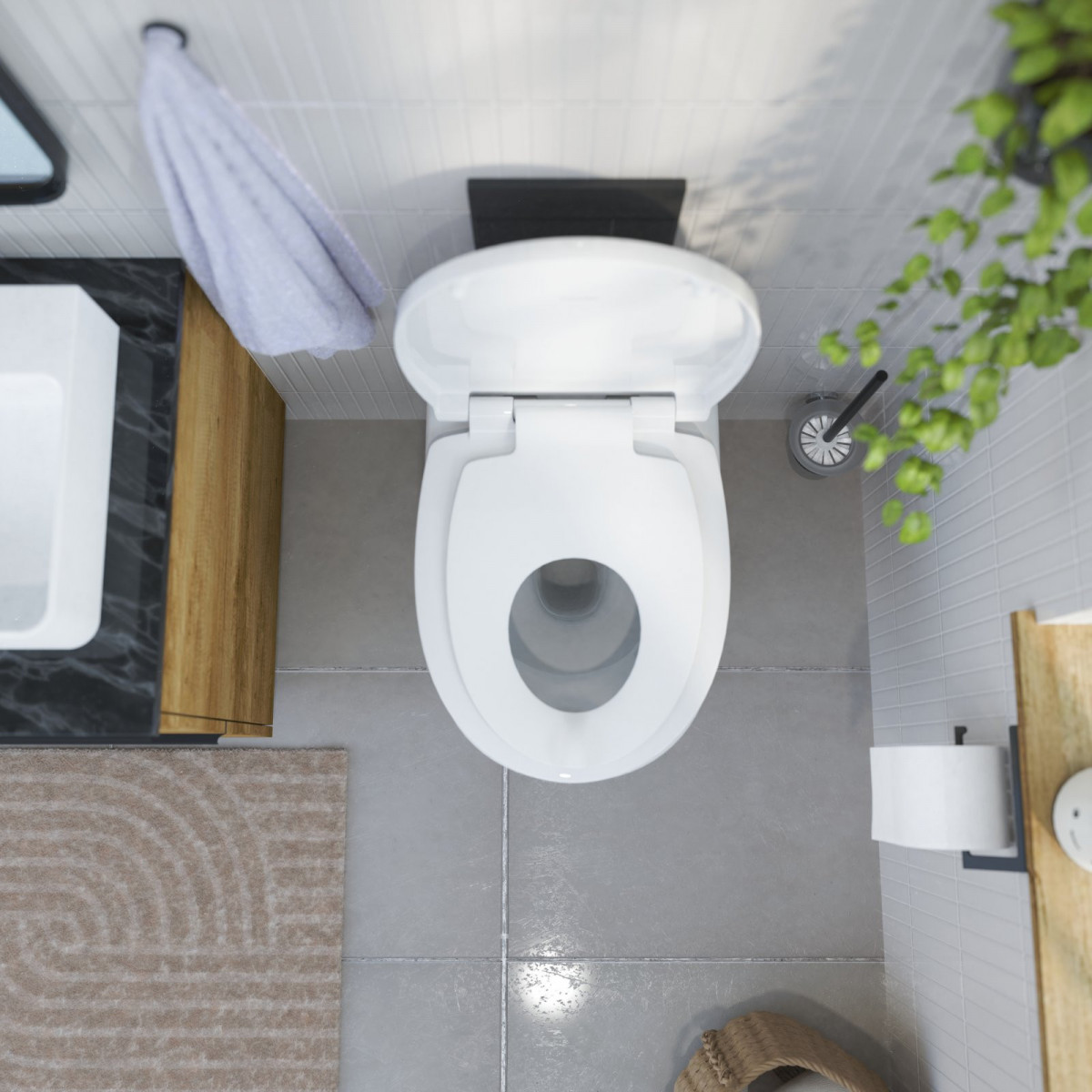 Weiße Wandtoilette mit geöffnetem weißen Deckel in modernem Badezimmer