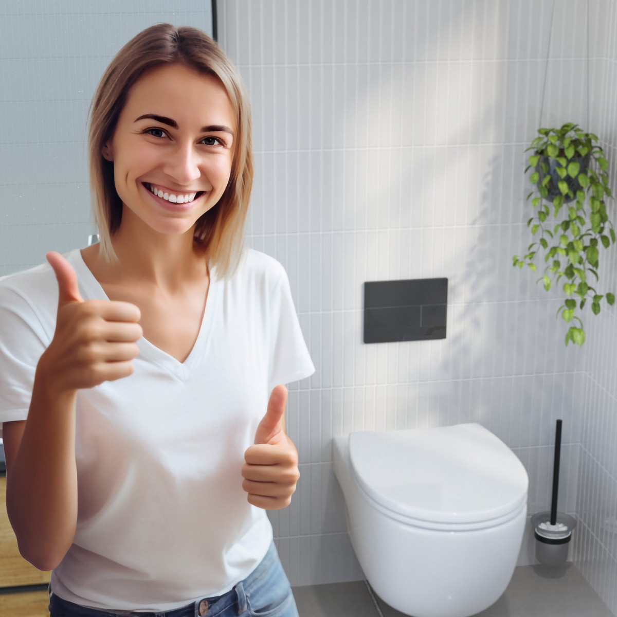 Person in weißem T-Shirt zeigt Daumen hoch vor wandhängender Toilette in hellem Bad.