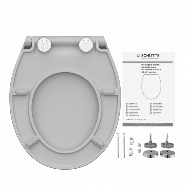 Grauer WC-Sitz von unten mit Montageset und bebilderter Anleitung daneben.