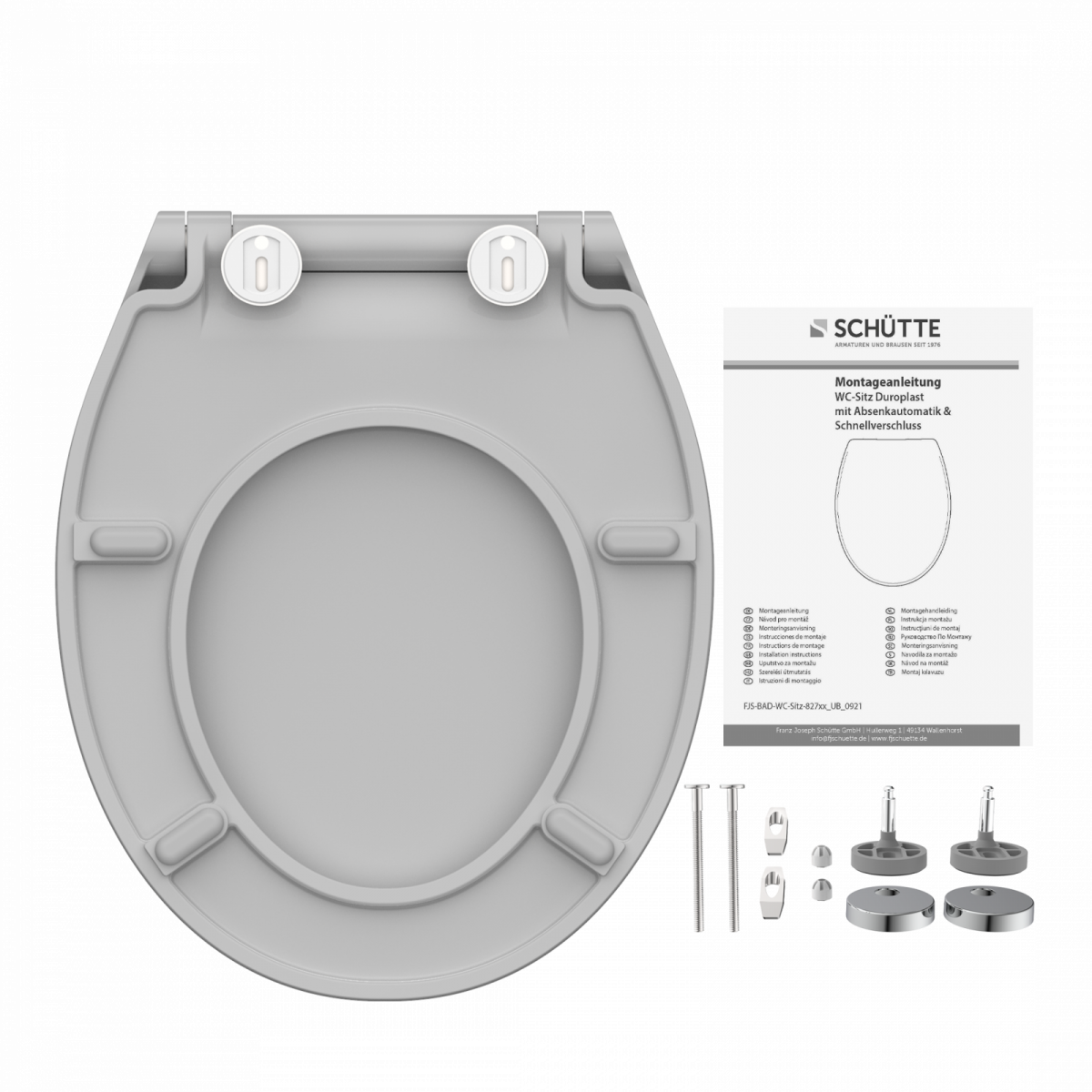 Grauer WC-Sitz von unten mit Montageset und bebilderter Anleitung daneben.