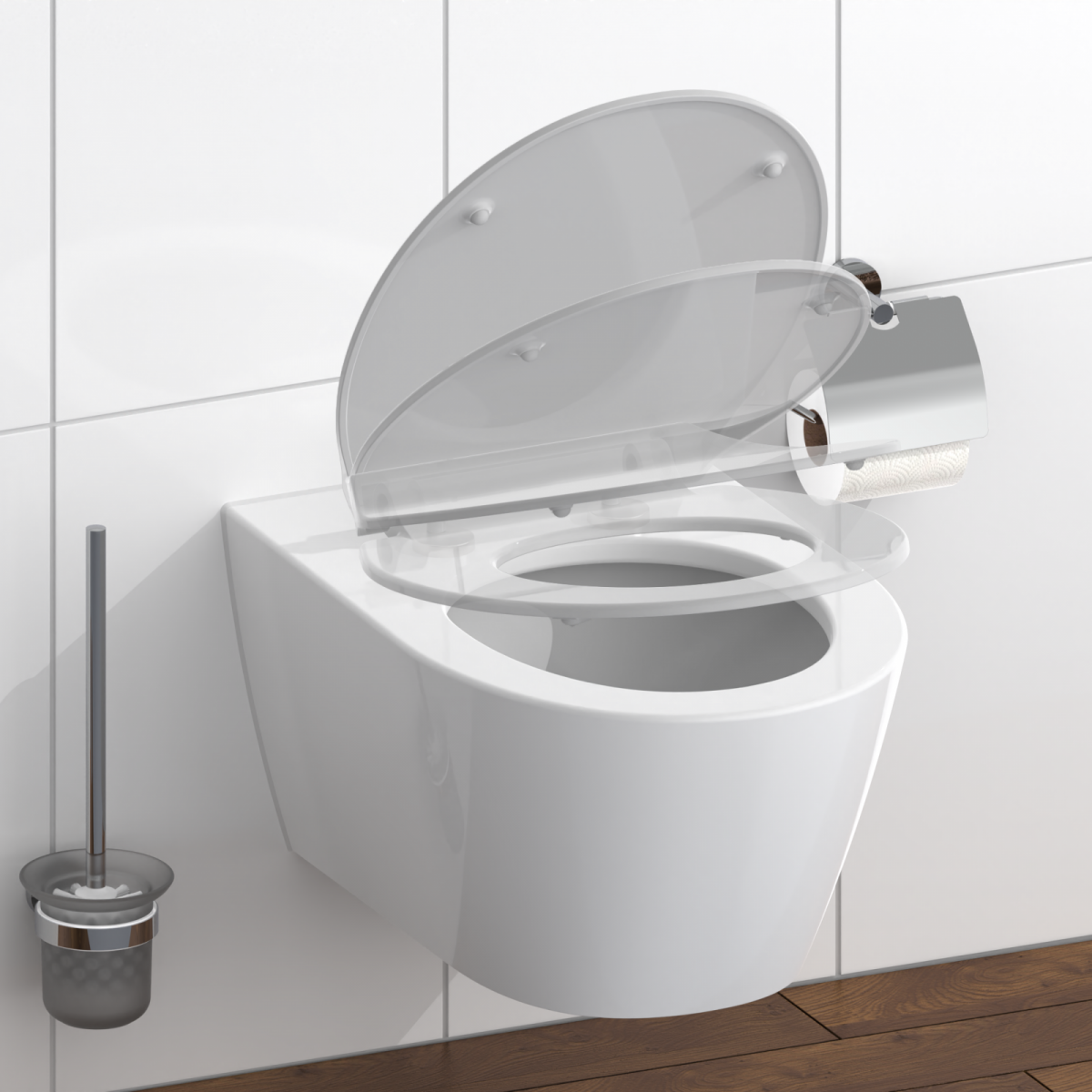 Wandhängende weiße Toilette mit hochgeklapptem Deckel und Bürstengarnitur daneben.