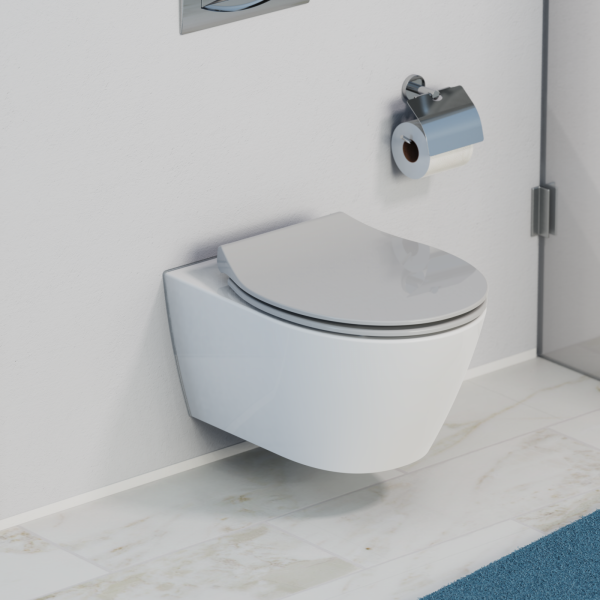 Wandhängendes WC mit geschlossenem Deckel neben Toilettenpapierhalter an Fliesenwand.
