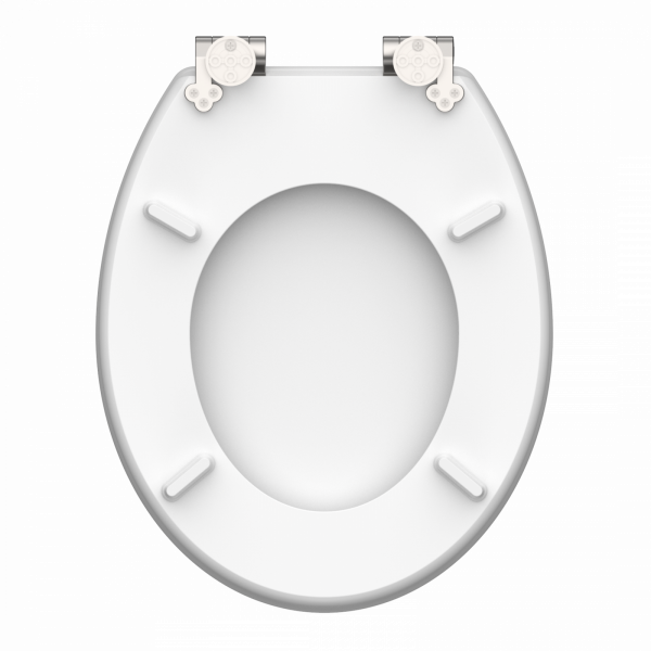 Weißer ovaler WC-Sitz mit Metall-Scharnieren und vier Abstandshaltern auf der Unterseite.