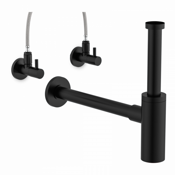 Schwarzes Siphonset mit zwei Eckventilen und waagerechtem Flaschen-Siphon