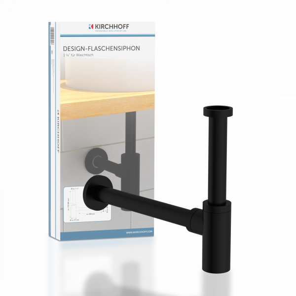Schwarzer Flaschensiphon aus Metall vor Verpackung mit Produktabbildung - Design-Flaschensiphon.