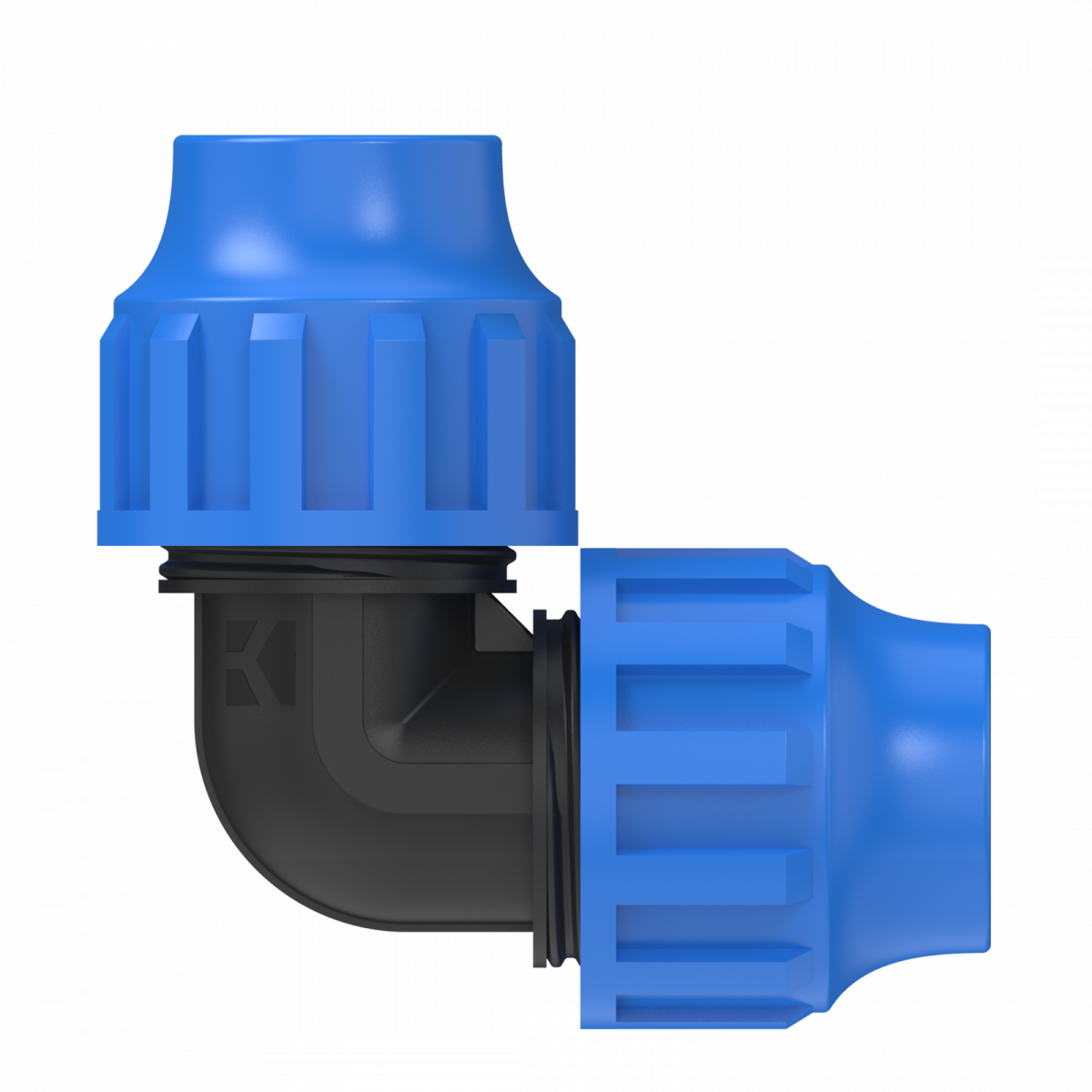 Winkelverbinder aus schwarzem Kunststoff mit zwei blauen Überwurfmuttern.