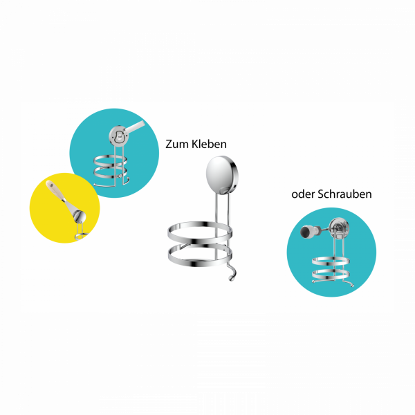Metallhalterung mit runder Befestigung, wahlweise zum Kleben oder Schrauben.