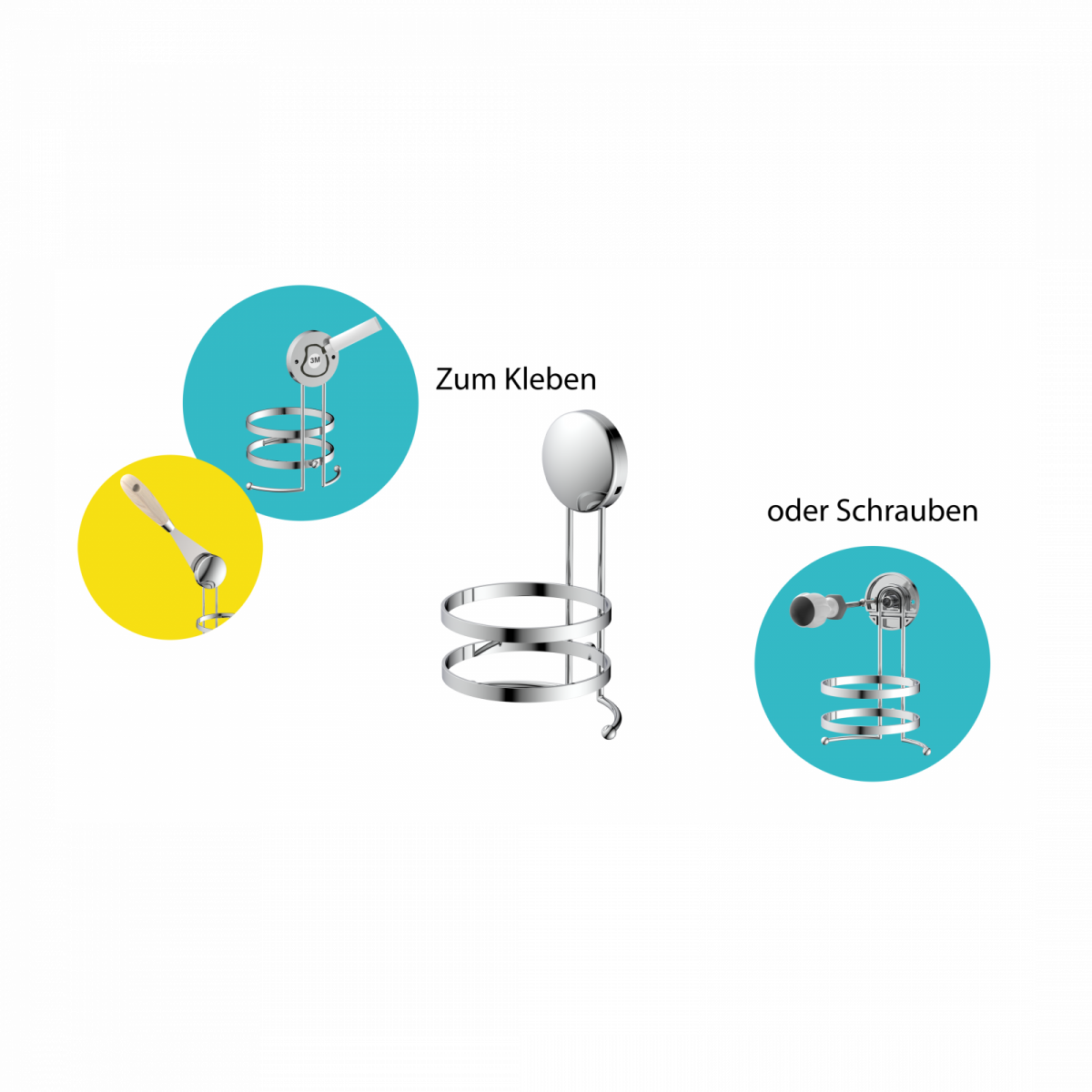 Metallhalterung mit runder Befestigung, wahlweise zum Kleben oder Schrauben.