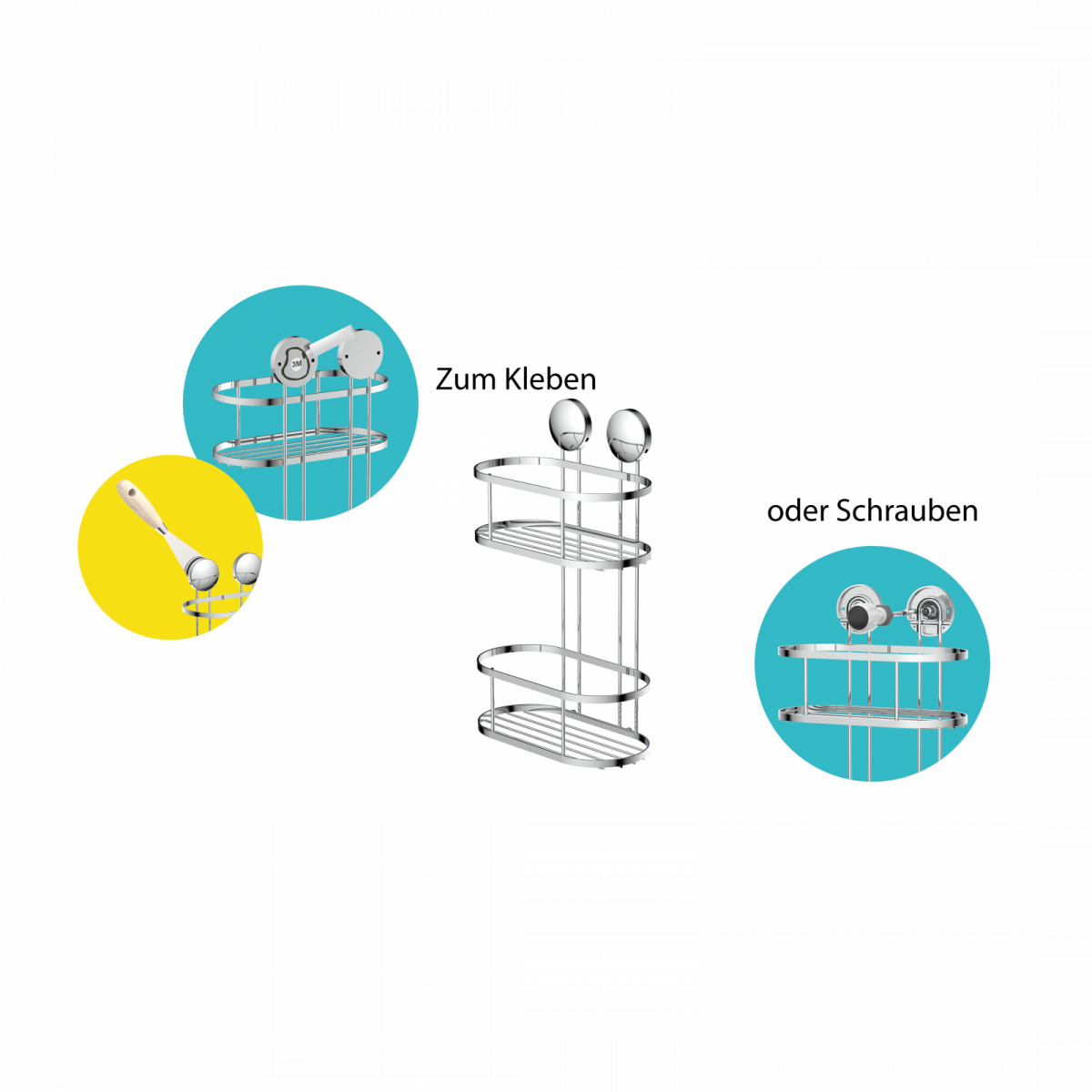 Zweistöckiges Duschregal aus Metall mit Halterungen zum Kleben oder Schrauben.