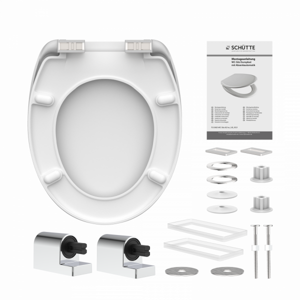 Weißer WC-Sitz mit Absenkautomatik, gezeigt mit Montagematerial und Anleitung.