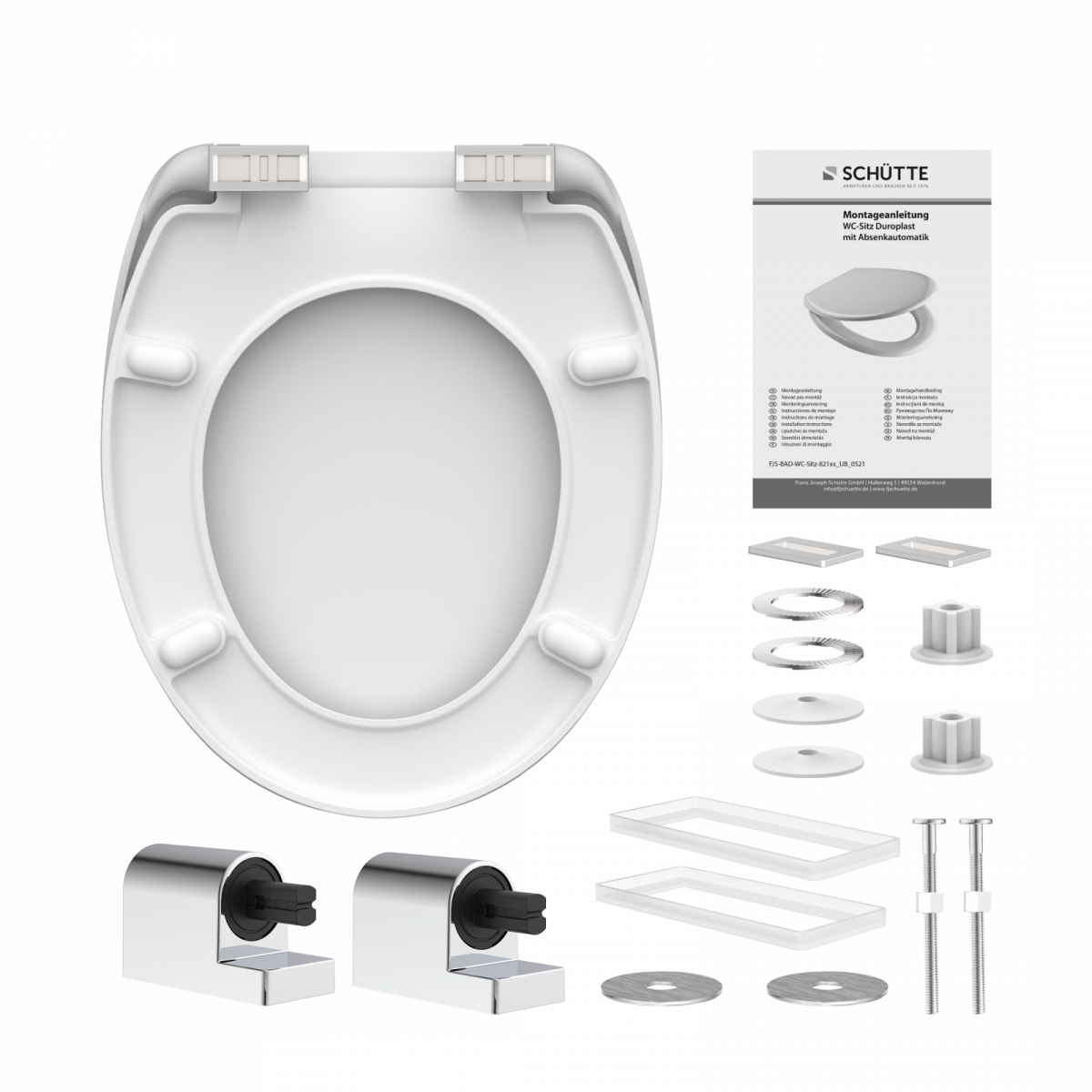 Weißer WC-Sitz mit Absenkautomatik, gezeigt mit Montagematerial und Anleitung.