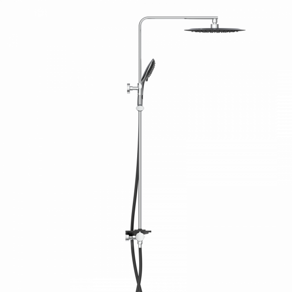 Duschsystem mit runder Überkopfbrause, Handbrause und verstellbarer Brausestange.
