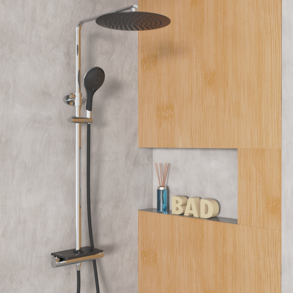 Duschsystem mit eckiger Regendusche, Handbrause und Thermostat vor grauer Wand.