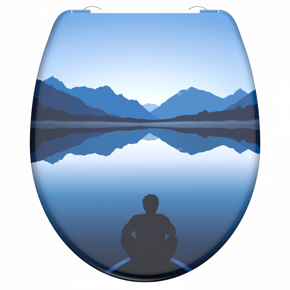 Toilettensitz mit Motiv einer sitzenden Person vor blauen Bergen und See.