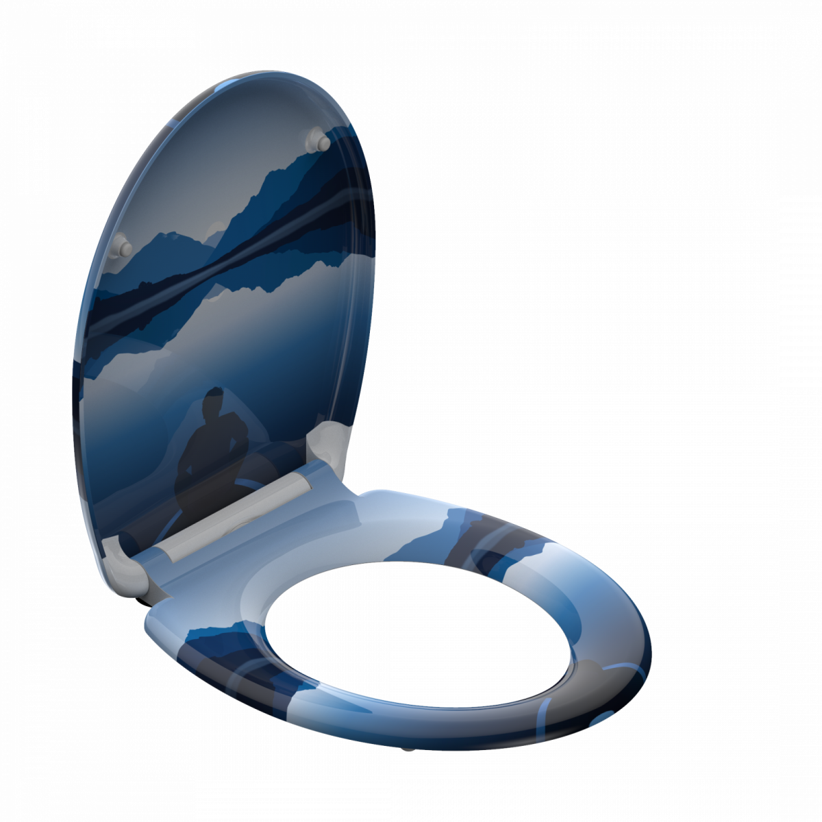 Toilettensitz mit hochgeklapptem Deckel und blauem Landschaftsmotiv.