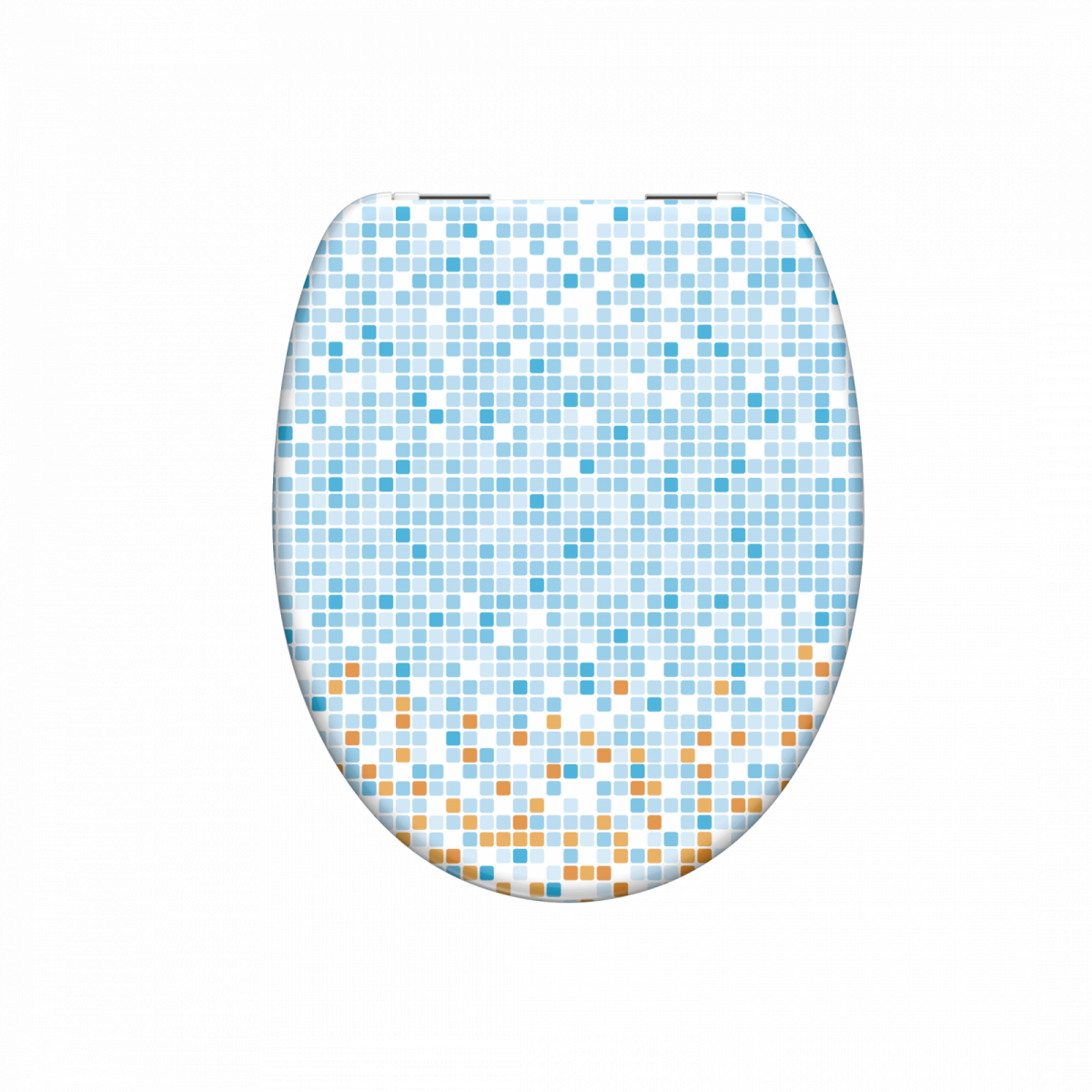 Toilettensitz mit Mosaikmuster aus blauen und orangefarbenen Quadraten auf weißem Grund.