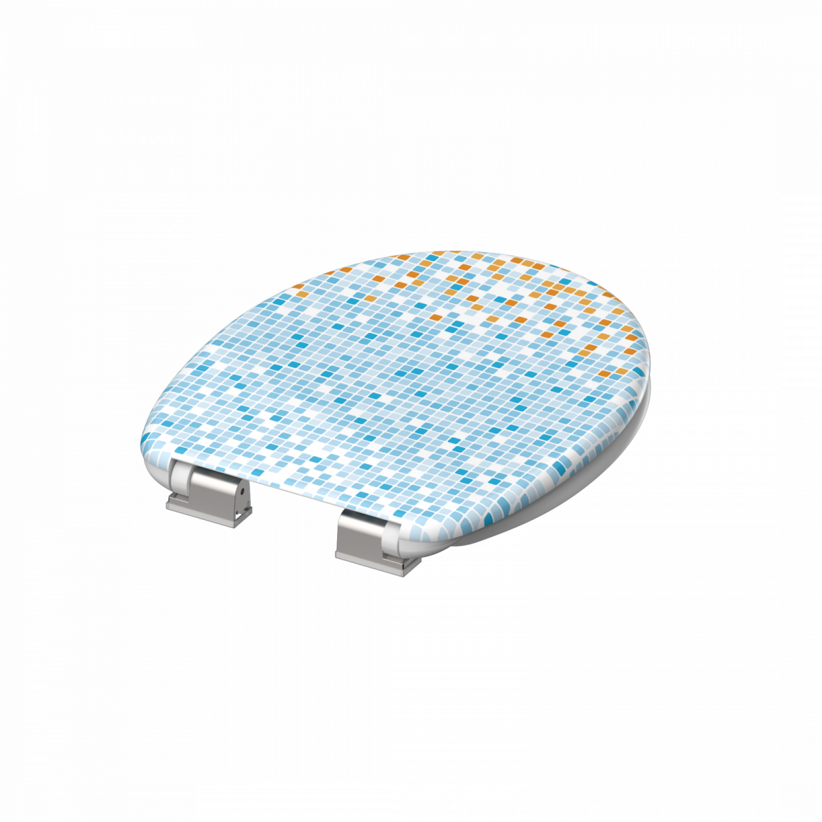 Toilettensitz mit Mosaikmuster aus blauen, weißen und orangefarbenen Quadraten.