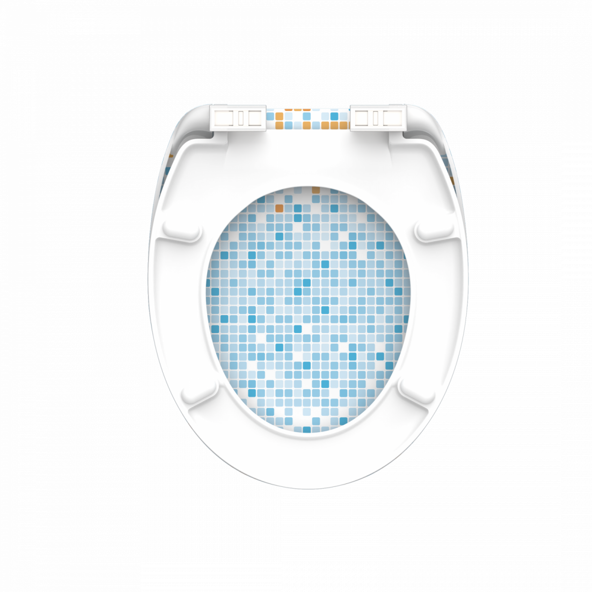 Weißer WC-Sitz mit Mosaikmuster in Blau- und Orangetönen auf der Innenseite.