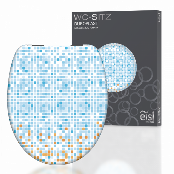 WC-Sitz mit Mosaikmuster aus blauen und orangenen Quadraten vor grauer Verpackung.