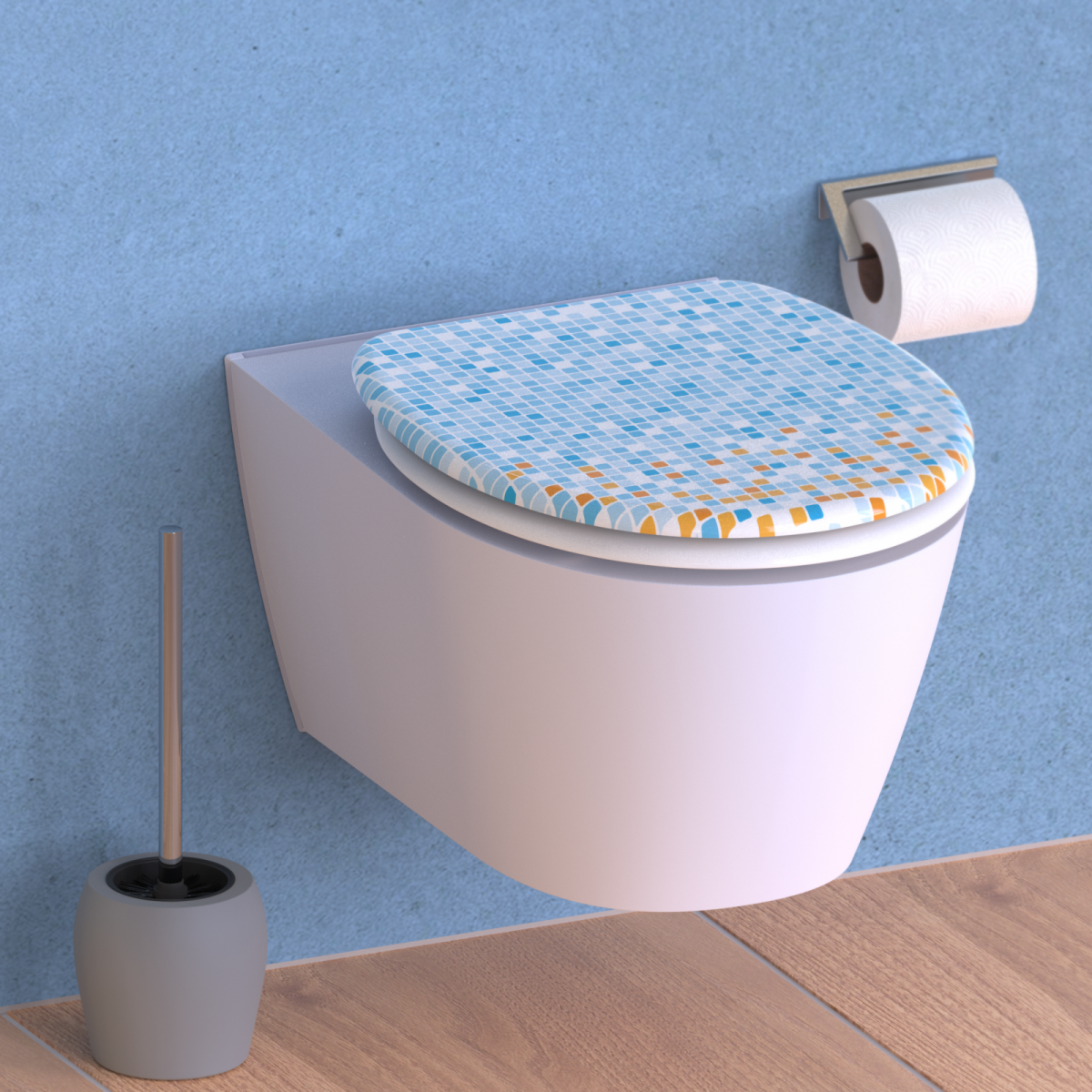 Wandhängendes WC mit Mosaik-Toilettendeckel, Toilettenpapierhalter und Bürste daneben.