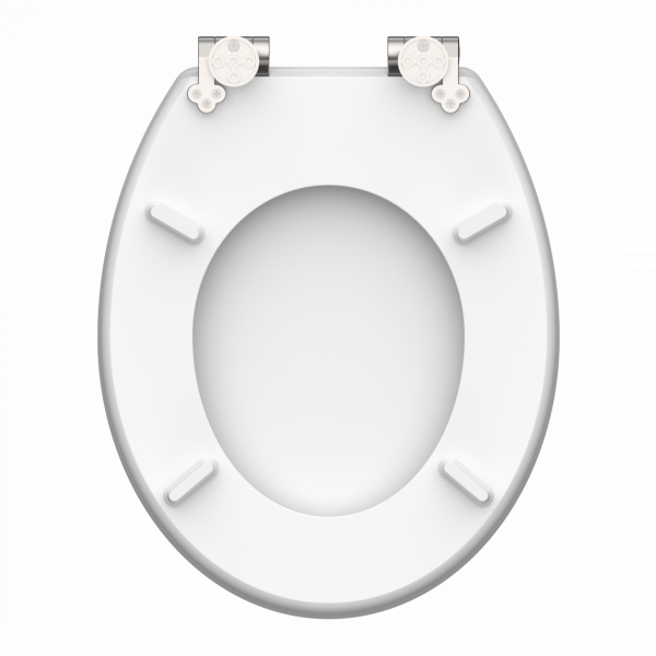 Weiße WC-Sitzunterseite mit vier Auflageflächen und zwei Scharnieren oben.