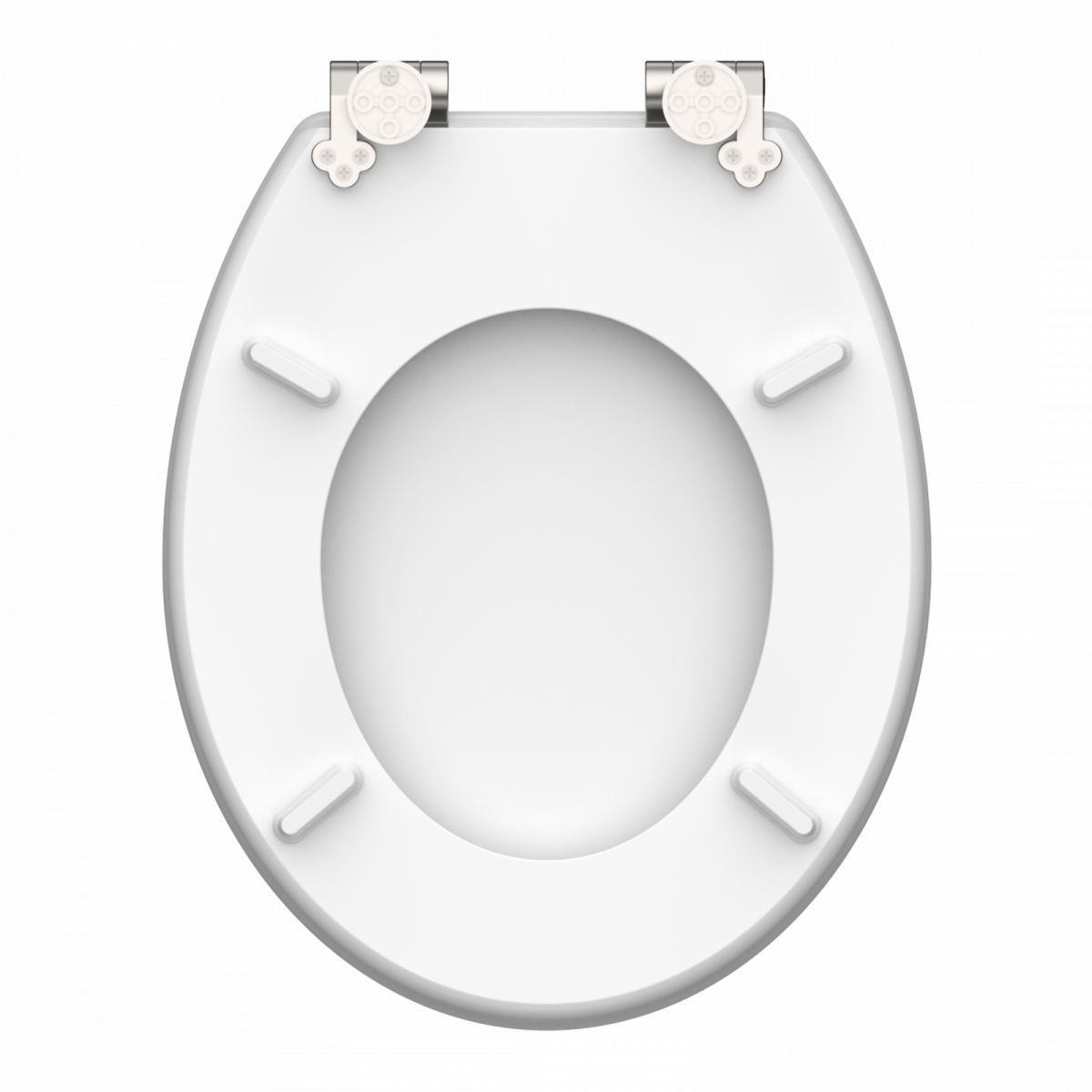 Weiße WC-Sitzunterseite mit vier Auflageflächen und zwei Scharnieren oben.