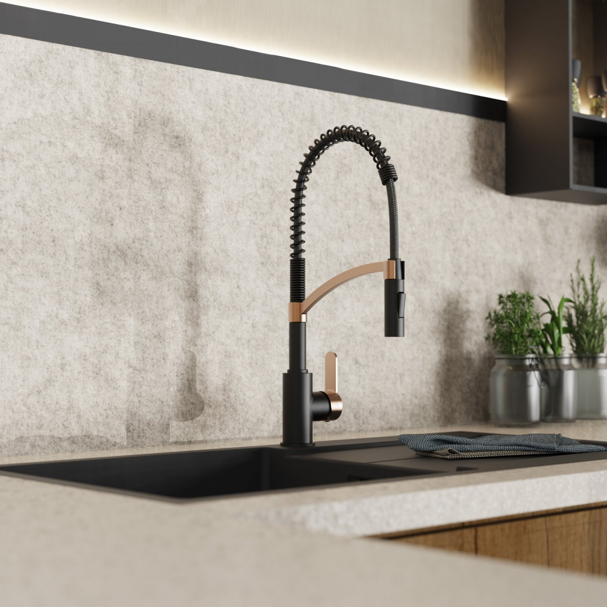 WK 3 in Schwarz/Roségold, Küchenarmatur mit innovativem Spiralfeder-Design