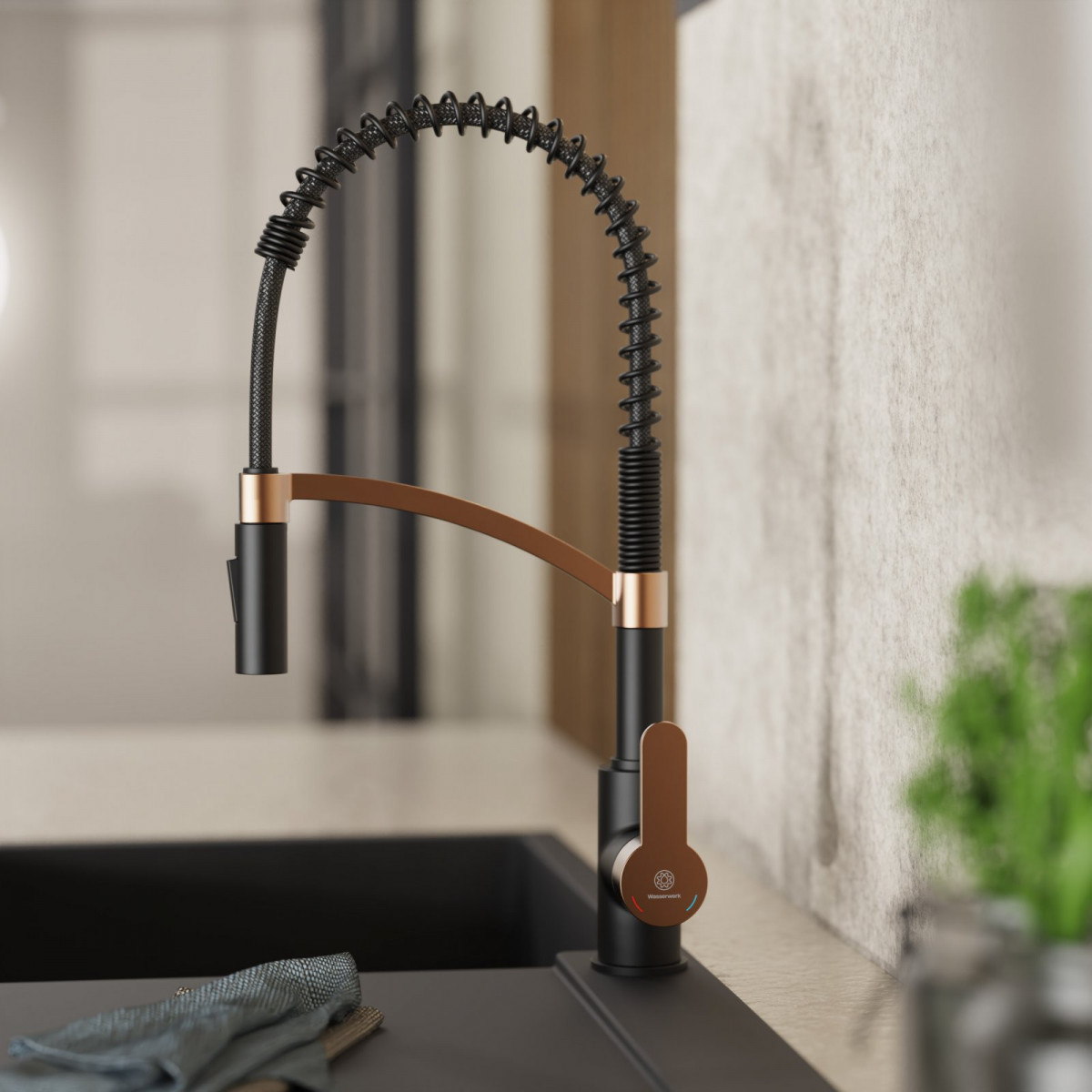 WK 3 in Schwarz/Roségold, Küchenarmatur mit innovativem Spiralfeder-Design
