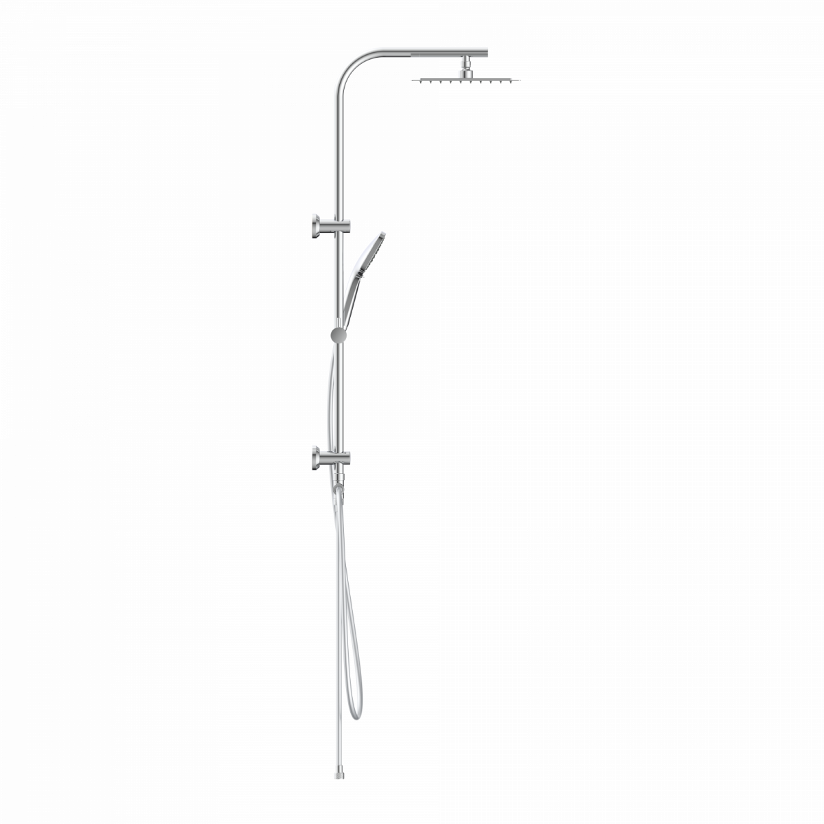 Duschsystem aus Metall mit eckigem Regenduschkopf und verstellbarer Handbrause.