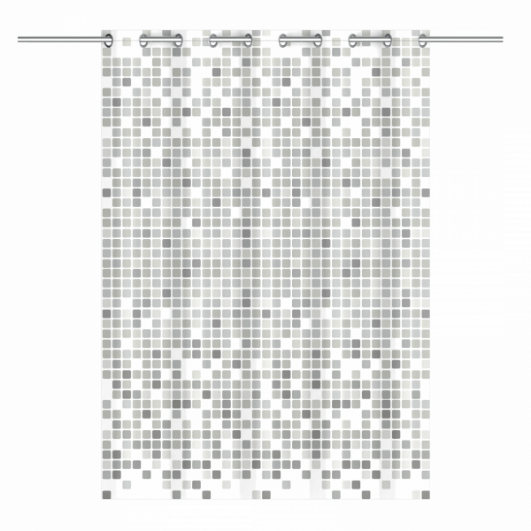 Duschvorhang mit grauem Mosaikmuster aus kleinen Quadraten auf weißem Hintergrund.