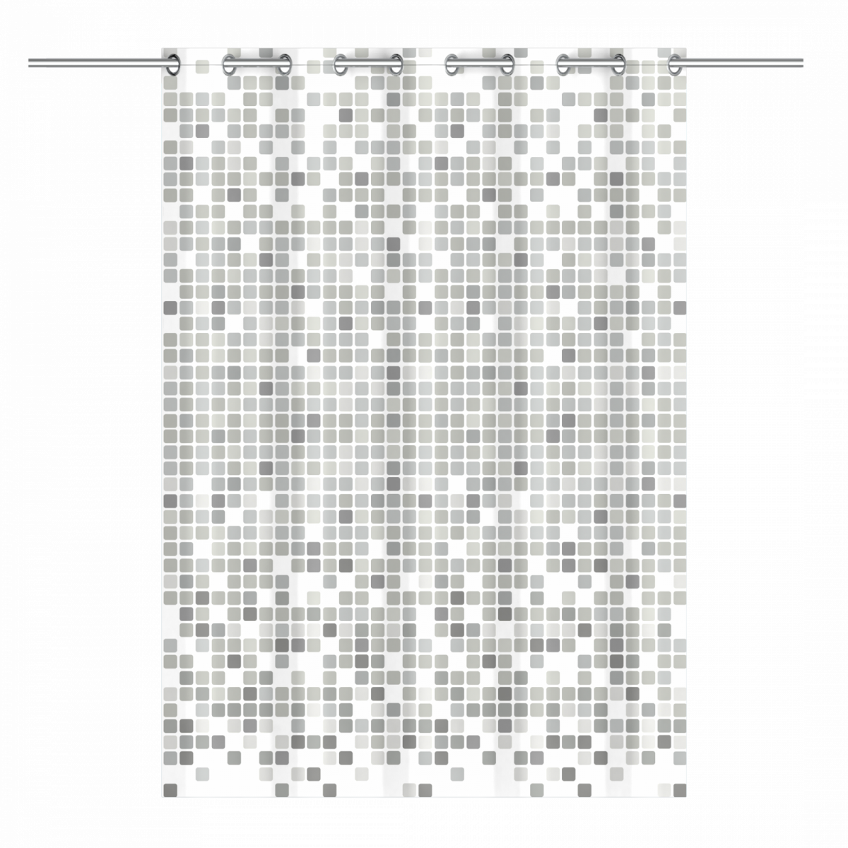 Duschvorhang mit grauem Mosaikmuster aus kleinen Quadraten auf weißem Hintergrund.