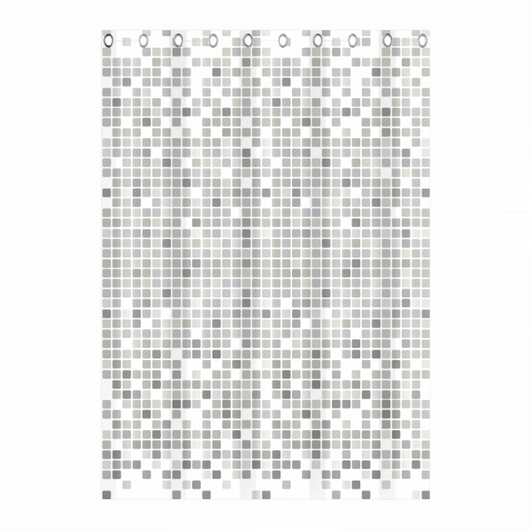 Weißer Duschvorhang mit grauem quadratischem Pixelmuster und Metallösen oben.