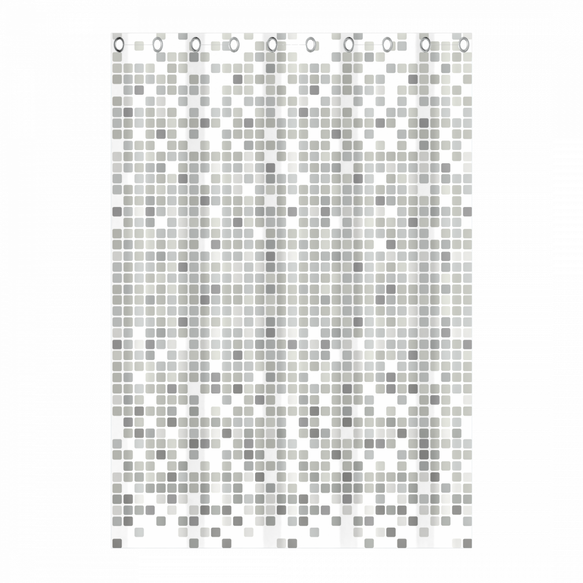 Weißer Duschvorhang mit grauem quadratischem Pixelmuster und Metallösen oben.