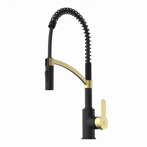 WK 3 in Schwarz/Gold, Küchenarmatur mit innovativem Spiralfeder-Design