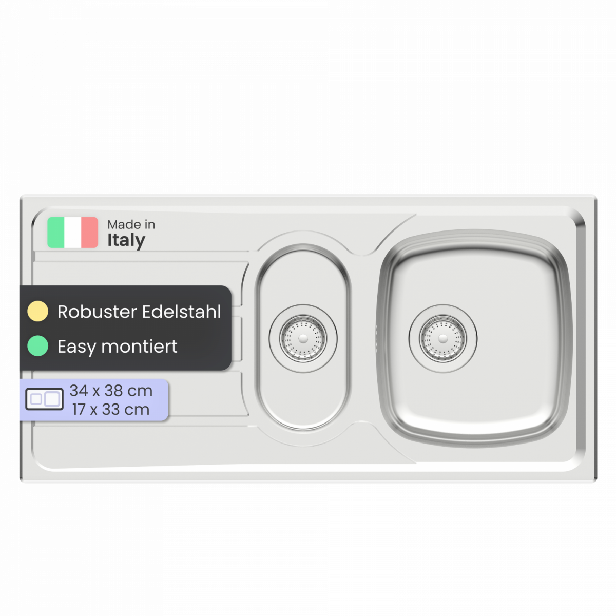 Edelstahlspüle Katharina, mit Abtropffläche und 1,5 Becken, 100 x 50 cm