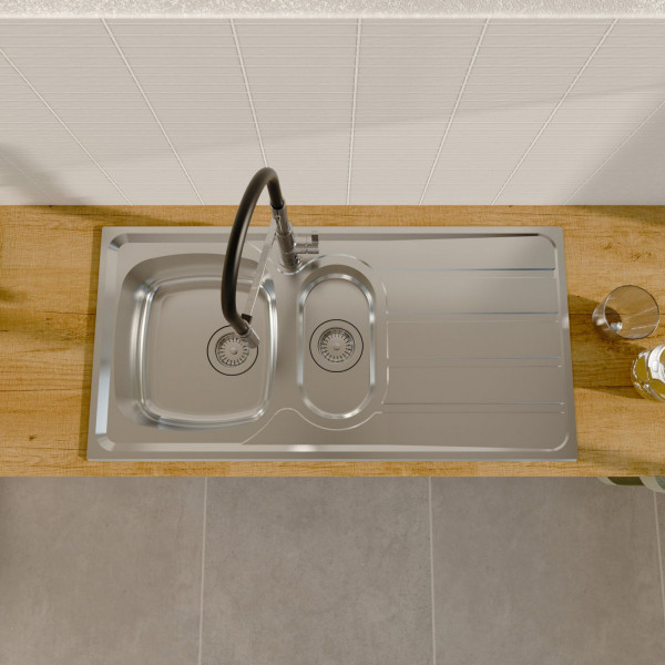 Edelstahlspüle Katharina, mit Abtropffläche und 1,5 Becken, 100 x 50 cm