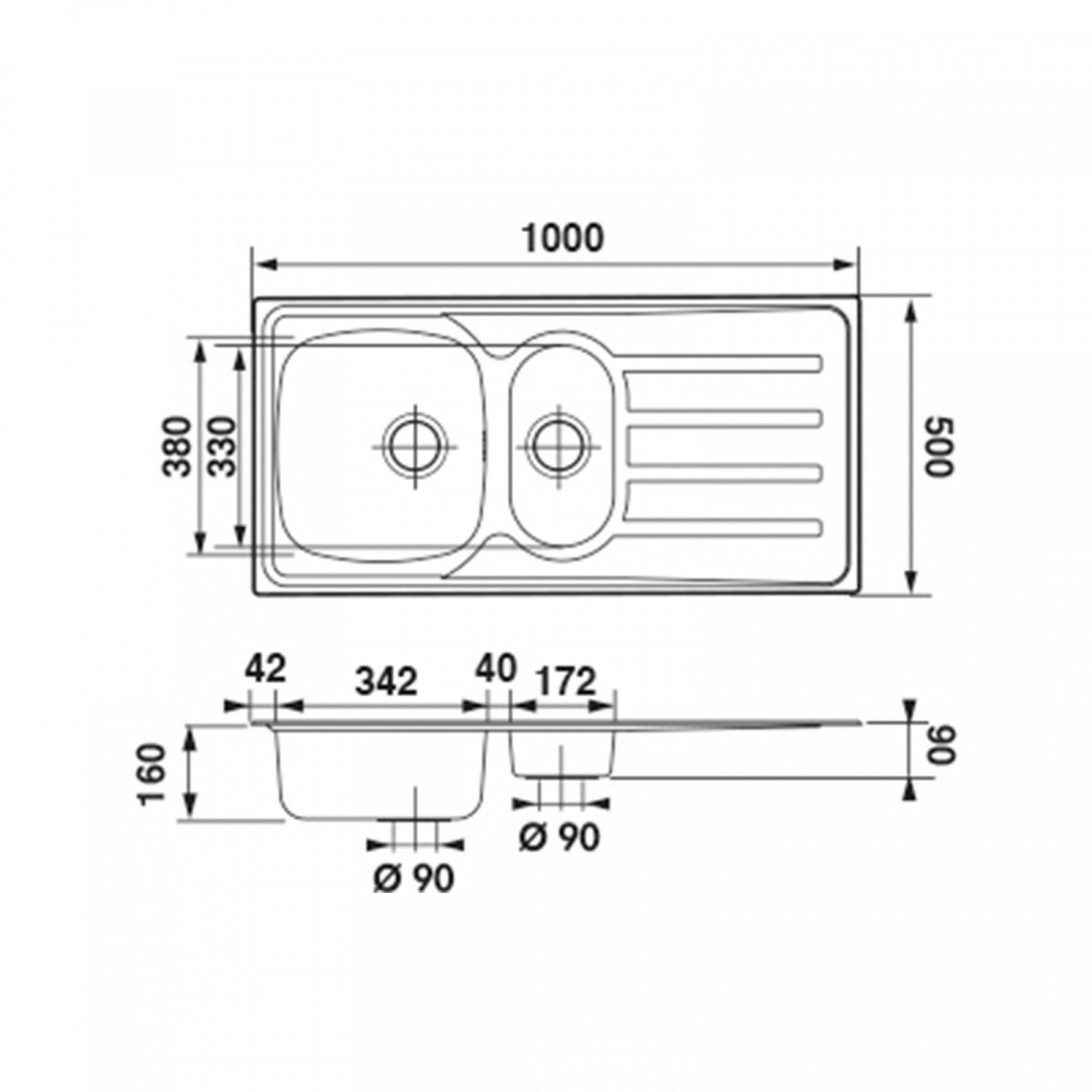 Edelstahlspüle Katharina, mit Abtropffläche und 1,5 Becken, 100 x 50 cm