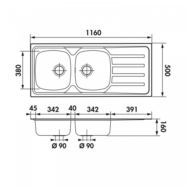 Edelstahlspüle Katharina, mit Abtropffläche und 2 Becken, 116 x 50 cm