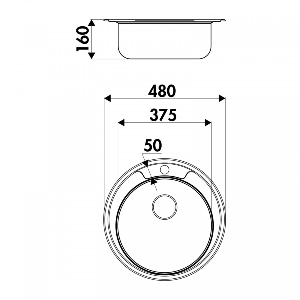 Edelstahlspüle Victoria, mit 1 Becken, rund, 48 x 48 cm