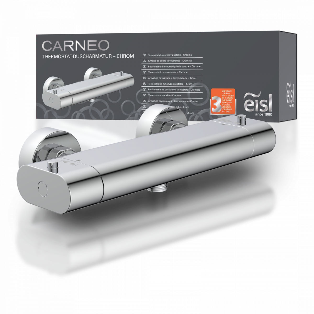 Chromfarbene Thermostat-Duscharmatur mit rundem Design vor grauer Verpackung - Carneo.