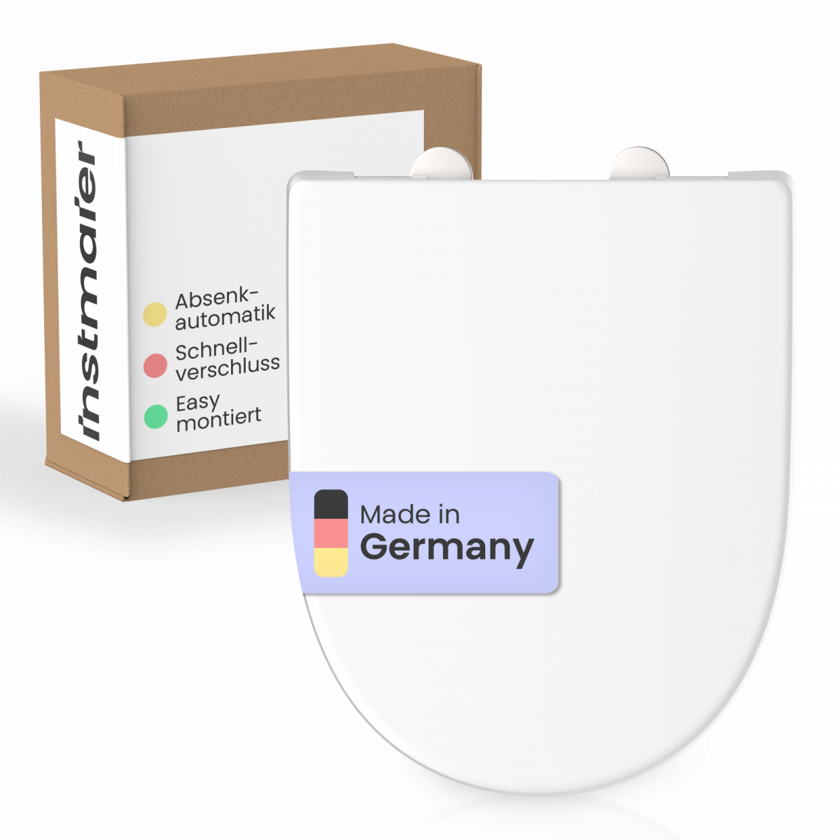 Weißer WC-Sitz mit Verpackung im Hintergrund und Aufkleber „Made in Germany“.