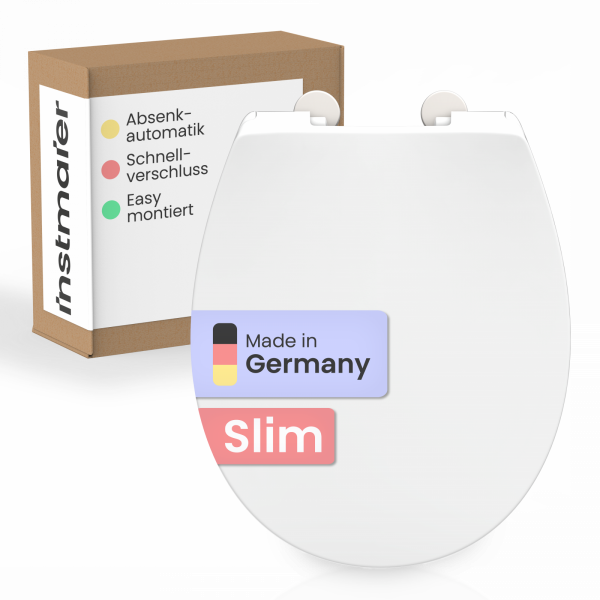 Weißer WC-Sitz mit Aufschrift „Made in Germany“ und „Slim“, daneben braune Verpackung.