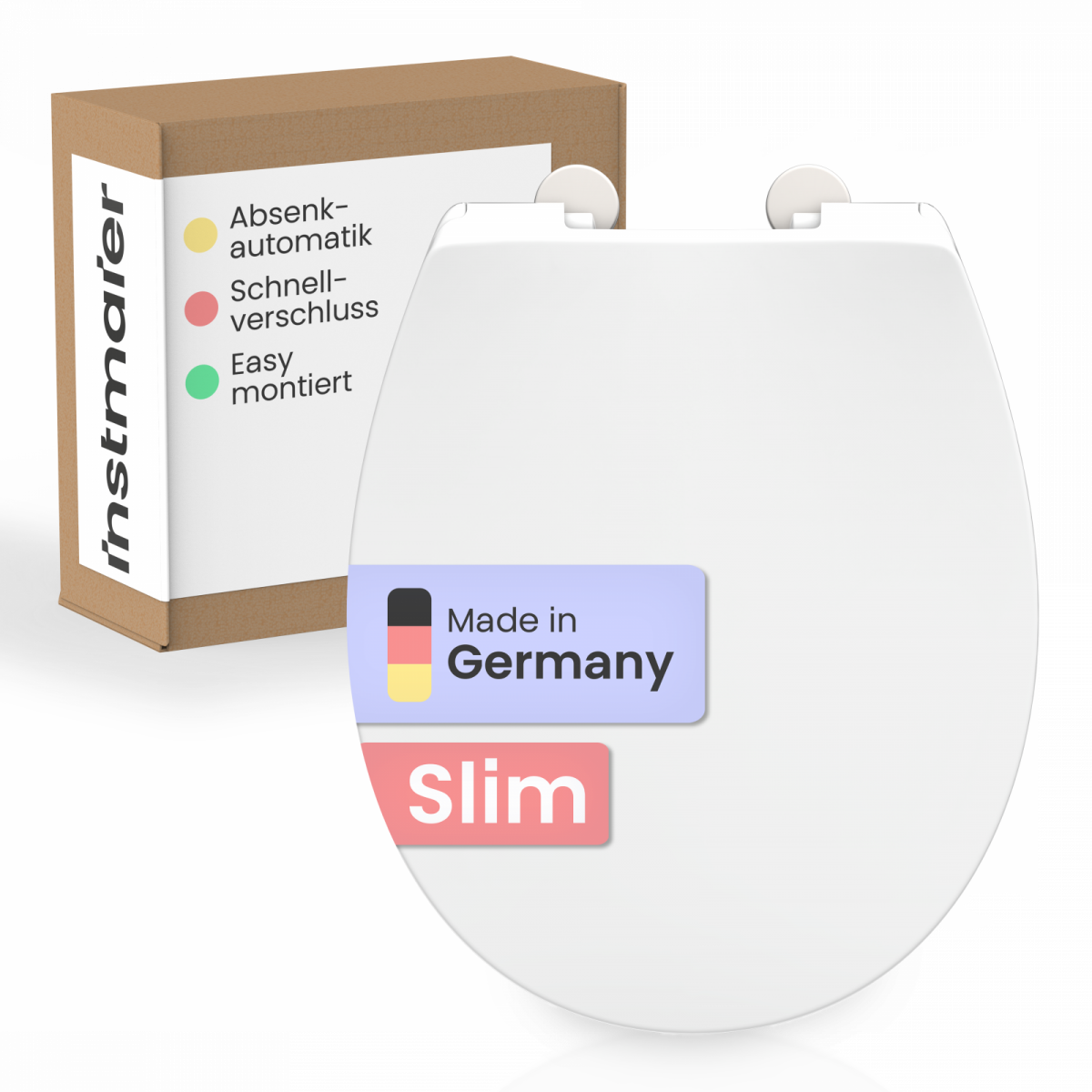 Weißer WC-Sitz mit Aufschrift „Made in Germany“ und „Slim“, daneben braune Verpackung.
