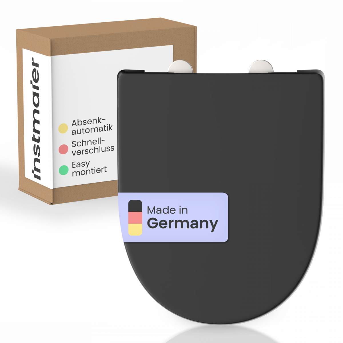 Schwarzer WC-Sitz mit Aufkleber „Made in Germany“ vor brauner Verpackung mit Text.