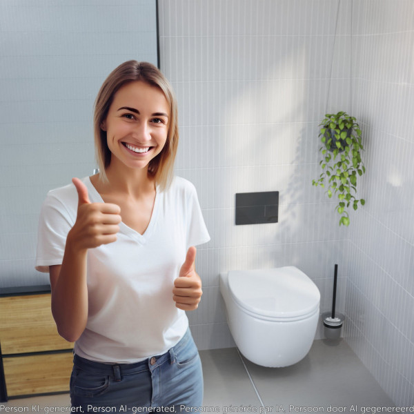 Person in weißem T-Shirt zeigt Daumen hoch vor wandhängender Toilette in hellem Bad.