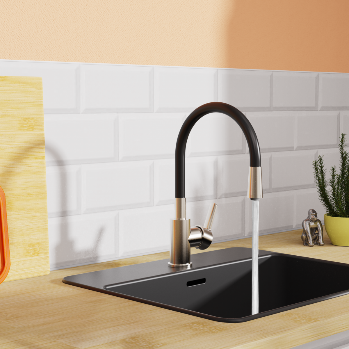 Schwarze Küchenarmatur mit laufendem Wasserstrahl und flexiblem Auslauf 